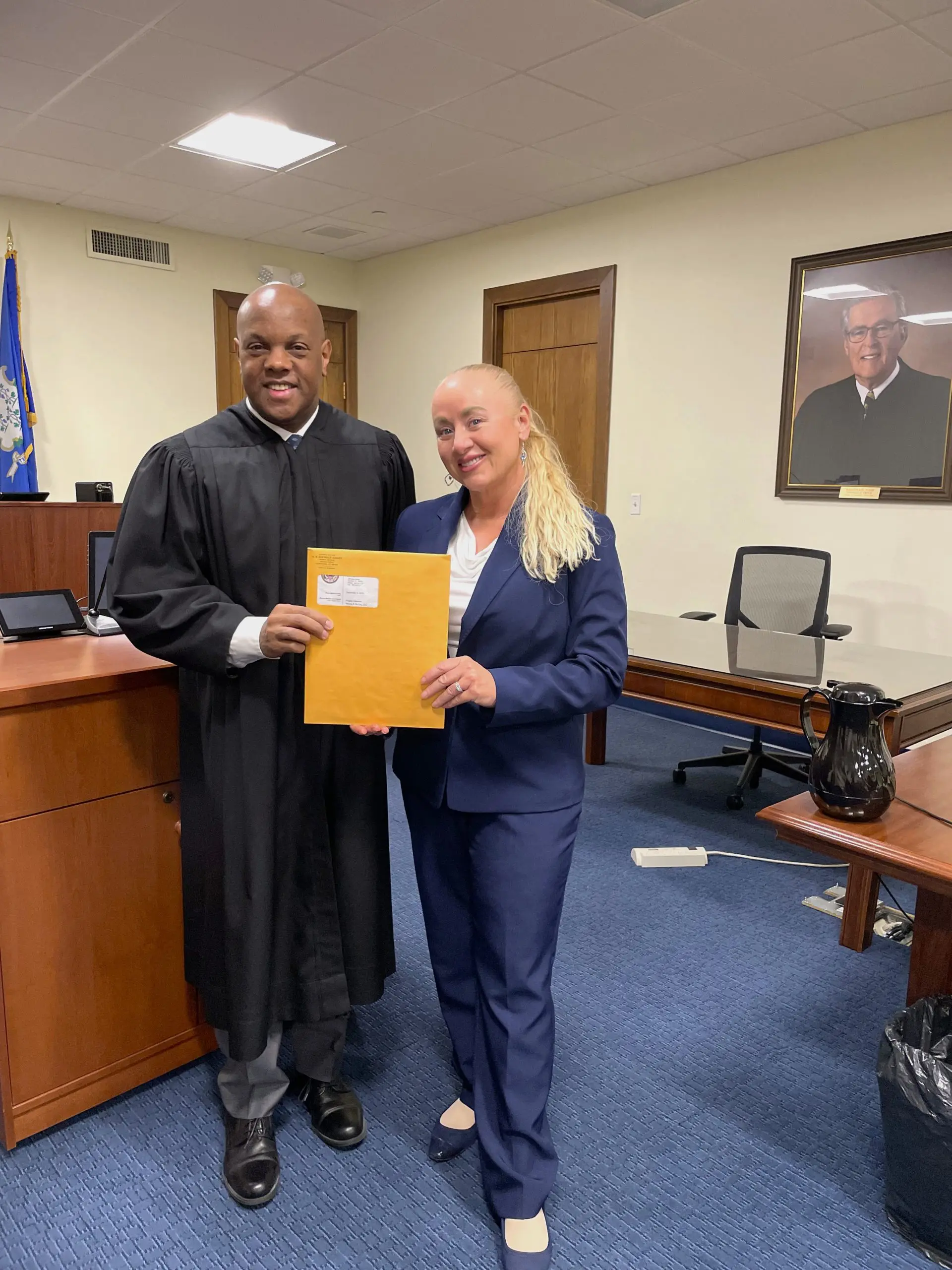 Attorney Angela Edwards after being sworn into the United States District Court for the District of Connecticut, expanding her ability to represent clients in federal court.